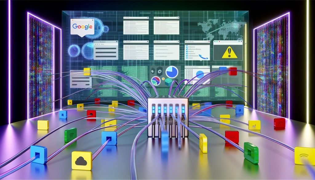 Moderner Serverraum mit halbtransparentem Proxy und farbigen Datenströmen, die an Cookie-Bannern und Adblockern vorbei ins sichere Tracking-Dashboard fließen.