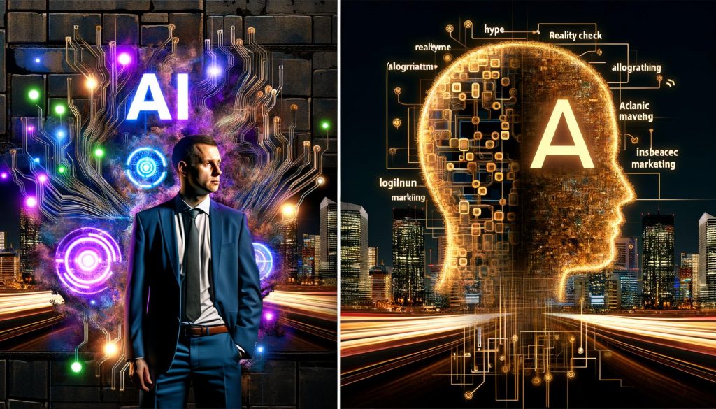 Abstraktes digitales Titelbild: neonbeleuchtete urbane Skyline mit goldener KI-Maschine, integriertem neuronalen Netzwerk und einem kritischen Business-Menschen vor einem Marketing-Dashboard, typografische Buzzwords im Hintergrund.