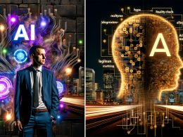 Abstraktes digitales Titelbild: neonbeleuchtete urbane Skyline mit goldener KI-Maschine, integriertem neuronalen Netzwerk und einem kritischen Business-Menschen vor einem Marketing-Dashboard, typografische Buzzwords im Hintergrund.