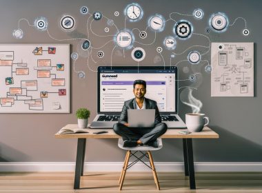 Solopreneur an modernem Home-Office-Schreibtisch mit Laptop, Kaffeetasse, geöffneten Tabs zu Gumroad, Zapier, Make und einem Automatisierungs-Flowchart; digitale Symbole für Effizienz und Automatisierung, im Hintergrund ein Whiteboard mit Skizzen.