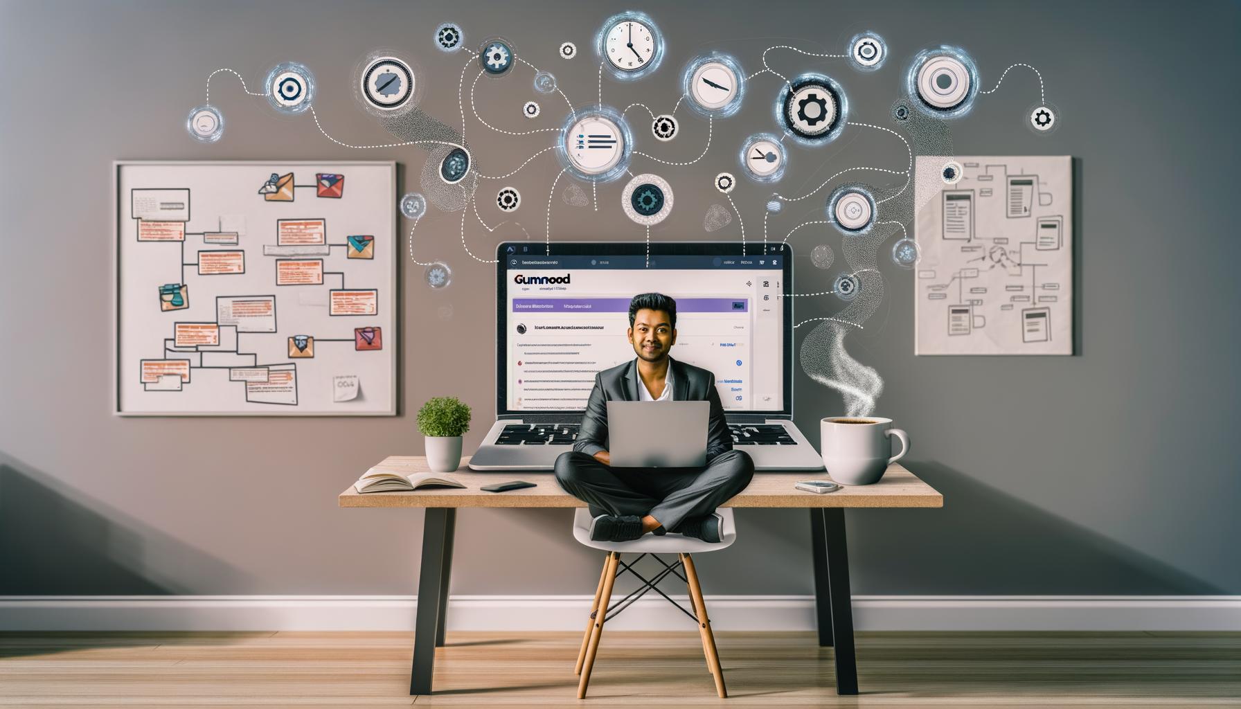 Solopreneur an modernem Home-Office-Schreibtisch mit Laptop, Kaffeetasse, geöffneten Tabs zu Gumroad, Zapier, Make und einem Automatisierungs-Flowchart; digitale Symbole für Effizienz und Automatisierung, im Hintergrund ein Whiteboard mit Skizzen.
