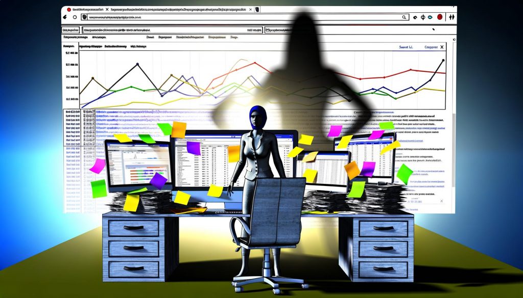 Illustration einer Person vor mehreren Computerbildschirmen mit Website-Analysen, Fehlern und Ranking-Grafiken, umgeben von SEO-Tools und Notizen, im Hintergrund das Google-Logo als bedrohlicher Schatten.