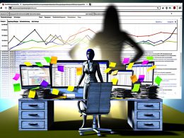 Illustration einer Person vor mehreren Computerbildschirmen mit Website-Analysen, Fehlern und Ranking-Grafiken, umgeben von SEO-Tools und Notizen, im Hintergrund das Google-Logo als bedrohlicher Schatten.