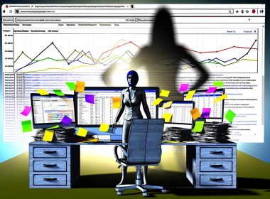 Illustration einer Person vor mehreren Computerbildschirmen mit Website-Analysen, Fehlern und Ranking-Grafiken, umgeben von SEO-Tools und Notizen, im Hintergrund das Google-Logo als bedrohlicher Schatten.