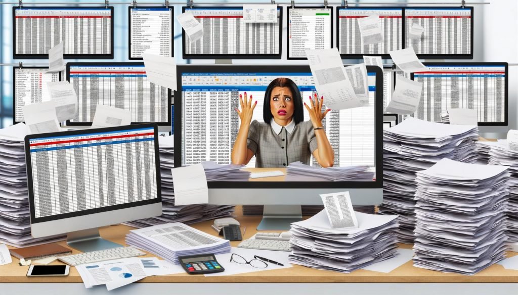 Chaotisch überladener Büroschreibtisch mit Papieren, Preislisten, mehreren Monitoren voller Excel-Tabellen und gestressten Marketingkollegen in einem modernen Büro.