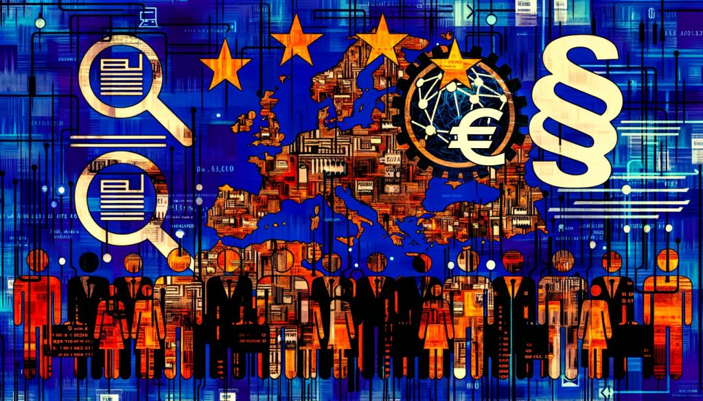Collageartige Europa-Landkarte mit Datenströmen, Paragrafen-Symbolen und abstrahierten Entscheider-Silhouetten zwischen digitaler Innovation und Bürokratie.