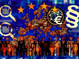 Collageartige Europa-Landkarte mit Datenströmen, Paragrafen-Symbolen und abstrahierten Entscheider-Silhouetten zwischen digitaler Innovation und Bürokratie.