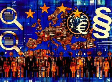 Collageartige Europa-Landkarte mit Datenströmen, Paragrafen-Symbolen und abstrahierten Entscheider-Silhouetten zwischen digitaler Innovation und Bürokratie.