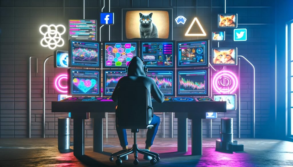 Digitales Labor mit Schreibtisch, mehreren Bildschirmen mit Social Media Analysen, Person im Hoodie und Kopfhörer, Diagramme, Code, nostalgische Katzenvideos und Influencer-Posts auf Röhrenmonitoren.