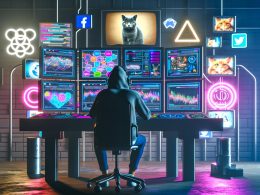 Digitales Labor mit Schreibtisch, mehreren Bildschirmen mit Social Media Analysen, Person im Hoodie und Kopfhörer, Diagramme, Code, nostalgische Katzenvideos und Influencer-Posts auf Röhrenmonitoren.