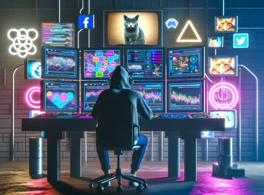 Digitales Labor mit Schreibtisch, mehreren Bildschirmen mit Social Media Analysen, Person im Hoodie und Kopfhörer, Diagramme, Code, nostalgische Katzenvideos und Influencer-Posts auf Röhrenmonitoren.