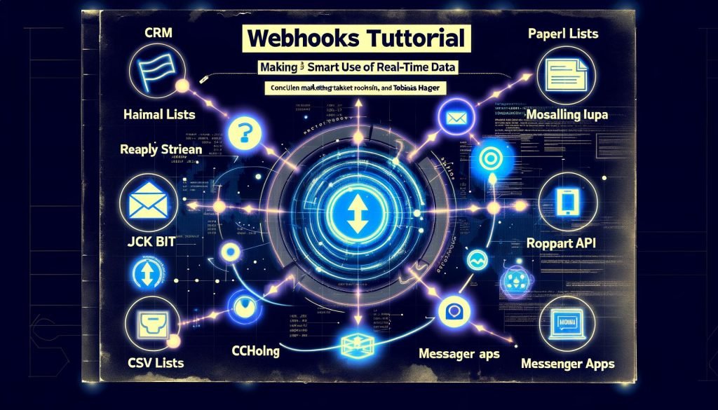 Abstraktes Netzwerkdiagramm mit modernen Interface-Elementen, leuchtenden Datenströmen zwischen Marketing-Tools, und verblassenden CSV- sowie Papierlisten. Überschrift 'Webhooks Tutorial: Echtzeit-Daten clever nutzen lernen' vor urban-dunklem Hintergrund.