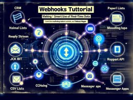 Abstraktes Netzwerkdiagramm mit modernen Interface-Elementen, leuchtenden Datenströmen zwischen Marketing-Tools, und verblassenden CSV- sowie Papierlisten. Überschrift 'Webhooks Tutorial: Echtzeit-Daten clever nutzen lernen' vor urban-dunklem Hintergrund.
