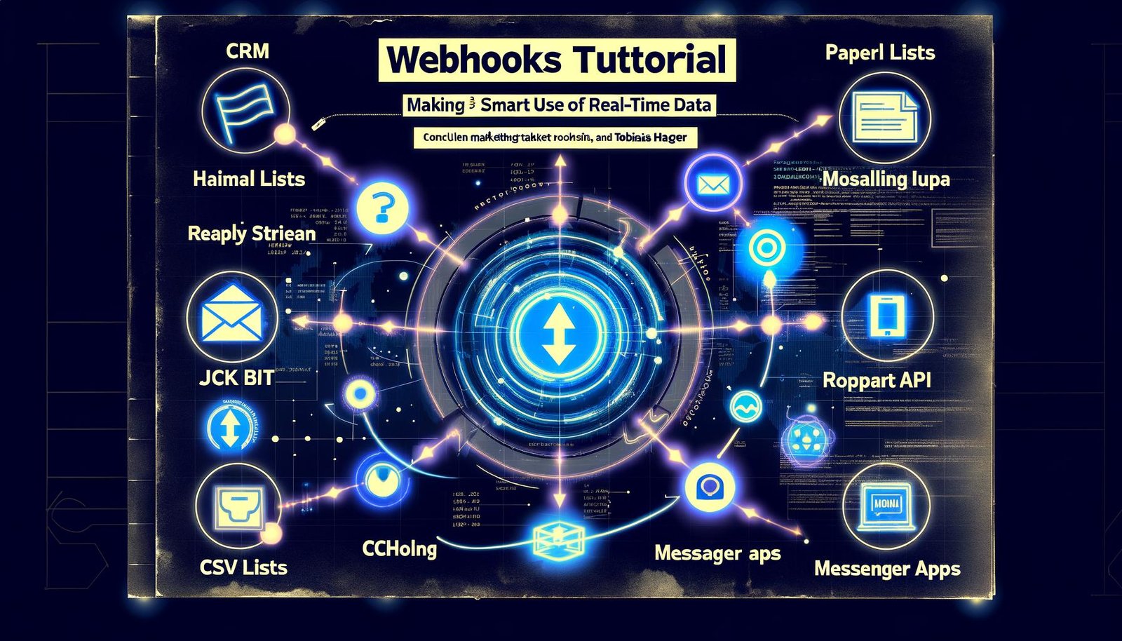 Abstraktes Netzwerkdiagramm mit modernen Interface-Elementen, leuchtenden Datenströmen zwischen Marketing-Tools, und verblassenden CSV- sowie Papierlisten. Überschrift 'Webhooks Tutorial: Echtzeit-Daten clever nutzen lernen' vor urban-dunklem Hintergrund.
