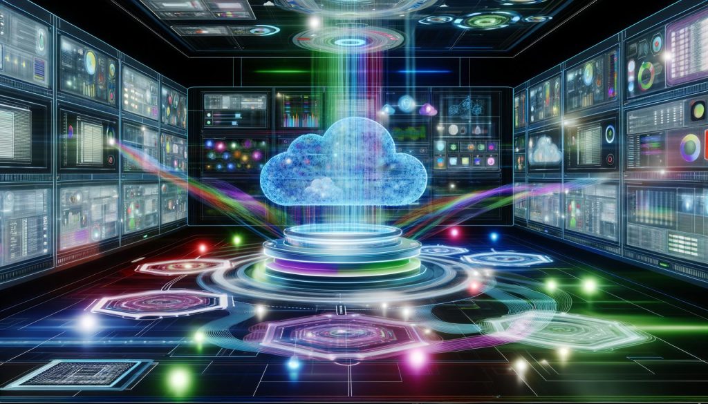 Futuristischer Kontrollraum mit digitalen Anzeigen, holografischen Dashboards und zentralem Daten-Ökosystem, umgeben von Cloud-, Automatisierungs- und Machine Learning-Symbolen