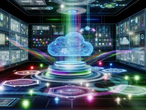 Futuristischer Kontrollraum mit digitalen Anzeigen, holografischen Dashboards und zentralem Daten-Ökosystem, umgeben von Cloud-, Automatisierungs- und Machine Learning-Symbolen