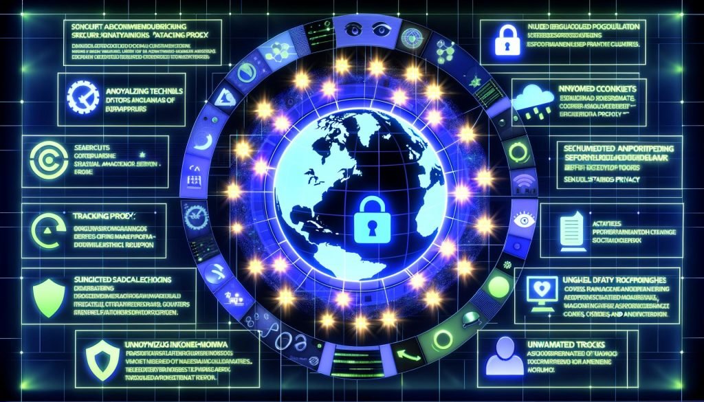 Digitale Illustration eines nächtlichen Dashboards mit sicherem Tracking Proxy, der Daten gemäß DSGVO anonymisiert und filtert, um Cookies und Tracker vor Analytics-Tools zu blockieren.