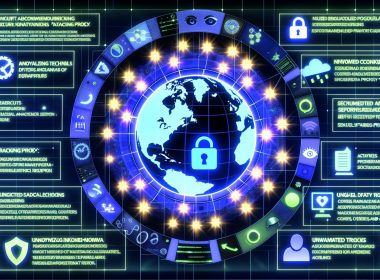Digitale Illustration eines nächtlichen Dashboards mit sicherem Tracking Proxy, der Daten gemäß DSGVO anonymisiert und filtert, um Cookies und Tracker vor Analytics-Tools zu blockieren.