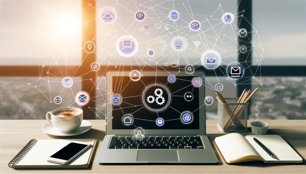 Minimalistischer Arbeitsplatz eines Solopreneurs mit Laptop auf Gumroad-Dashboard, Kaffee, Smartphone mit Verkaufsmeldungen und abstrahierten Automatisierungs-Icons.