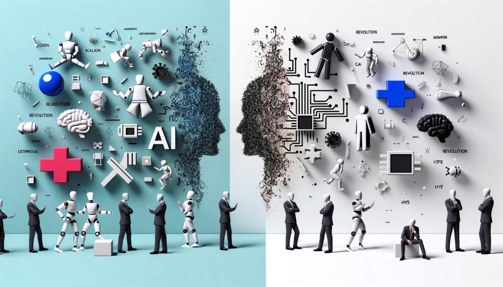 Abstrakte Illustration mit KI-Elementen und verwirrten Geschäftsleuten, getrennt durch technische Realität und öffentliche Wahrnehmung.
