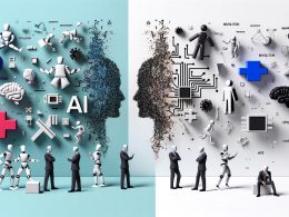 Abstrakte Illustration mit KI-Elementen und verwirrten Geschäftsleuten, getrennt durch technische Realität und öffentliche Wahrnehmung.