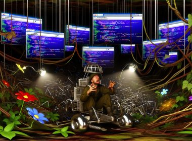 Surreale Dschungelszene aus Browserfenstern, HTML-Code, CSS- und JavaScript-Schlingpflanzen mit Nutzer und Googlebot-Explorer zwischen perfekten Mockups und chaotischem Website-Untergrund.