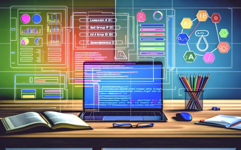 Moderner Arbeitsplatz mit Laptop und digitalem Analyse-Dashboard sowie abstrakter URL mit farblich markierten Parametern und Tool-Icons