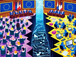 Illustration eines EU-Sitzungssaals voller Politiker mit Gesetzestexten, gegenüber einer chaotischen Entwicklerwelt mit Laptops, Code und Compliance-Dokumenten, getrennt durch einen digitalen Abgrund mit Algorithmen und Cookie-Bannern.