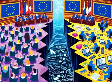 Illustration eines EU-Sitzungssaals voller Politiker mit Gesetzestexten, gegenüber einer chaotischen Entwicklerwelt mit Laptops, Code und Compliance-Dokumenten, getrennt durch einen digitalen Abgrund mit Algorithmen und Cookie-Bannern.