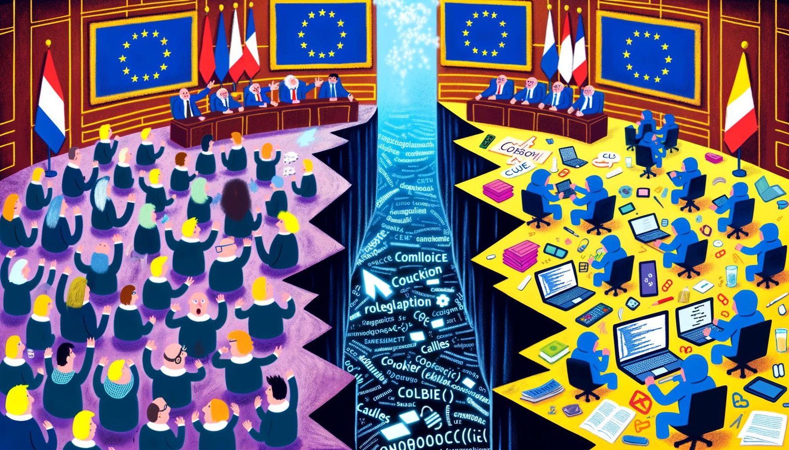 Illustration eines EU-Sitzungssaals voller Politiker mit Gesetzestexten, gegenüber einer chaotischen Entwicklerwelt mit Laptops, Code und Compliance-Dokumenten, getrennt durch einen digitalen Abgrund mit Algorithmen und Cookie-Bannern.