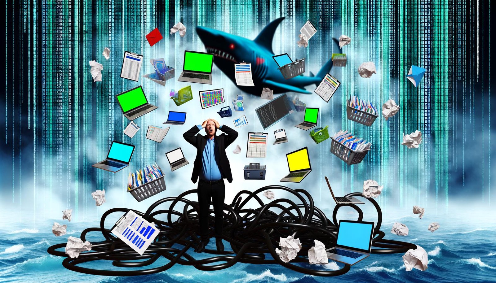 Gestresster Online-Marketer jongliert zahlreiche digitale Dateien und Produktbilder, während im Hintergrund Haifischflossen durch ein Meer aus Daten schwimmen.