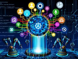 Futuristisches Titelbild mit zentralem Schaltkreis, sternförmig verteilten bunten API-Symbolen (Facebook, Instagram, LinkedIn, TikTok), Roboterarmen, digitalen Schachfiguren und Codezeilen als Zeichen moderner Social API Automatisierung.