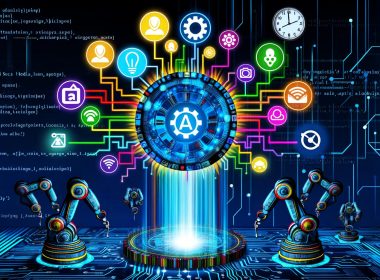 Futuristisches Titelbild mit zentralem Schaltkreis, sternförmig verteilten bunten API-Symbolen (Facebook, Instagram, LinkedIn, TikTok), Roboterarmen, digitalen Schachfiguren und Codezeilen als Zeichen moderner Social API Automatisierung.