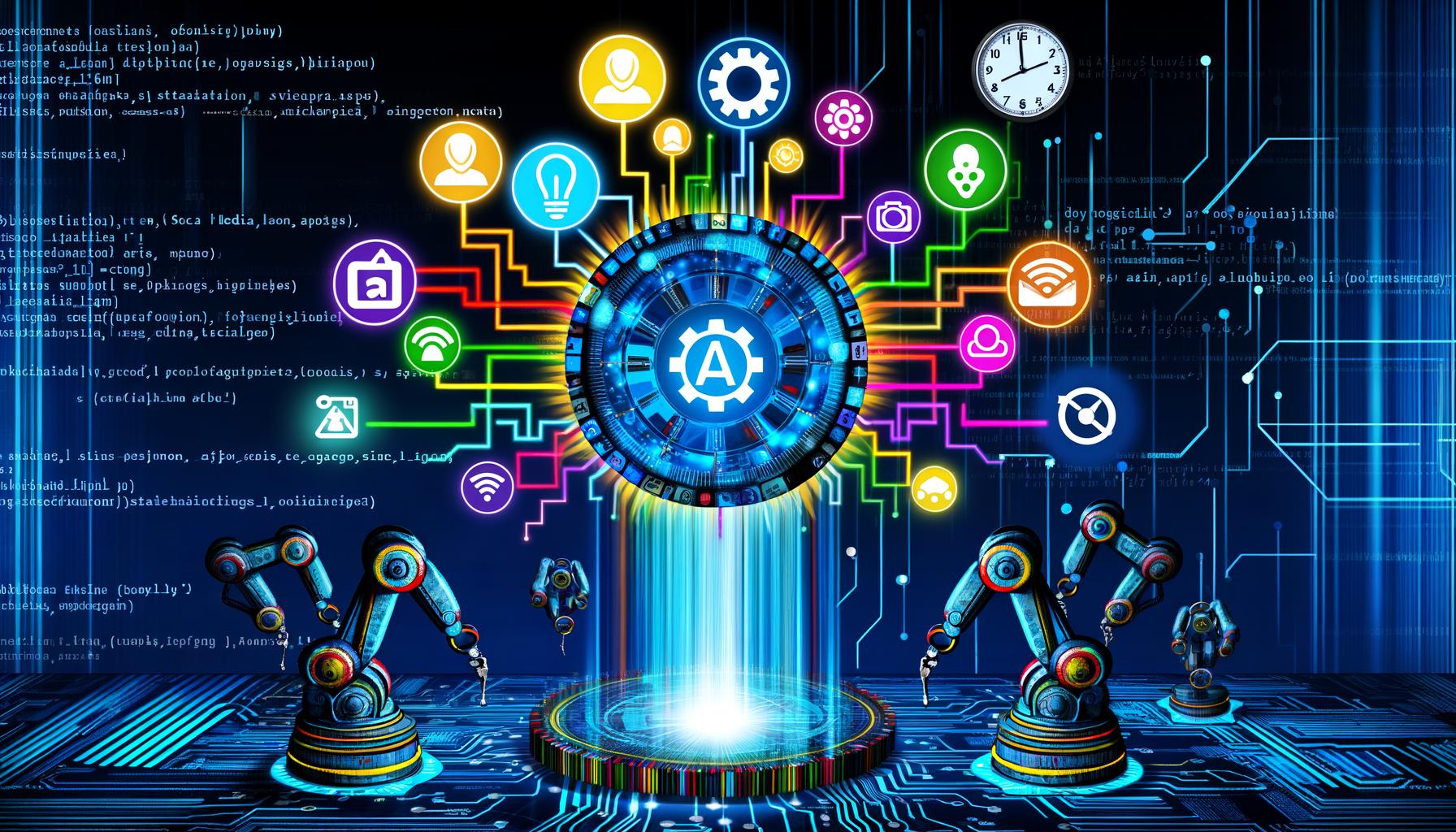 Futuristisches Titelbild mit zentralem Schaltkreis, sternförmig verteilten bunten API-Symbolen (Facebook, Instagram, LinkedIn, TikTok), Roboterarmen, digitalen Schachfiguren und Codezeilen als Zeichen moderner Social API Automatisierung.