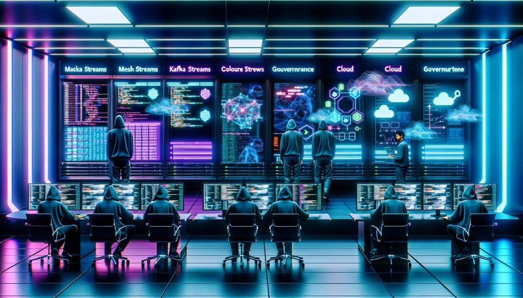 Futuristisches Data-Operations-Center mit neonfarbenen Datenströmen, Kontrollwand, Data Engineers vor Glasbildschirmen und digital schwebenden Symbolen im Jahr 2025.