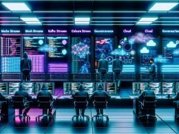 Futuristisches Data-Operations-Center mit neonfarbenen Datenströmen, Kontrollwand, Data Engineers vor Glasbildschirmen und digital schwebenden Symbolen im Jahr 2025.