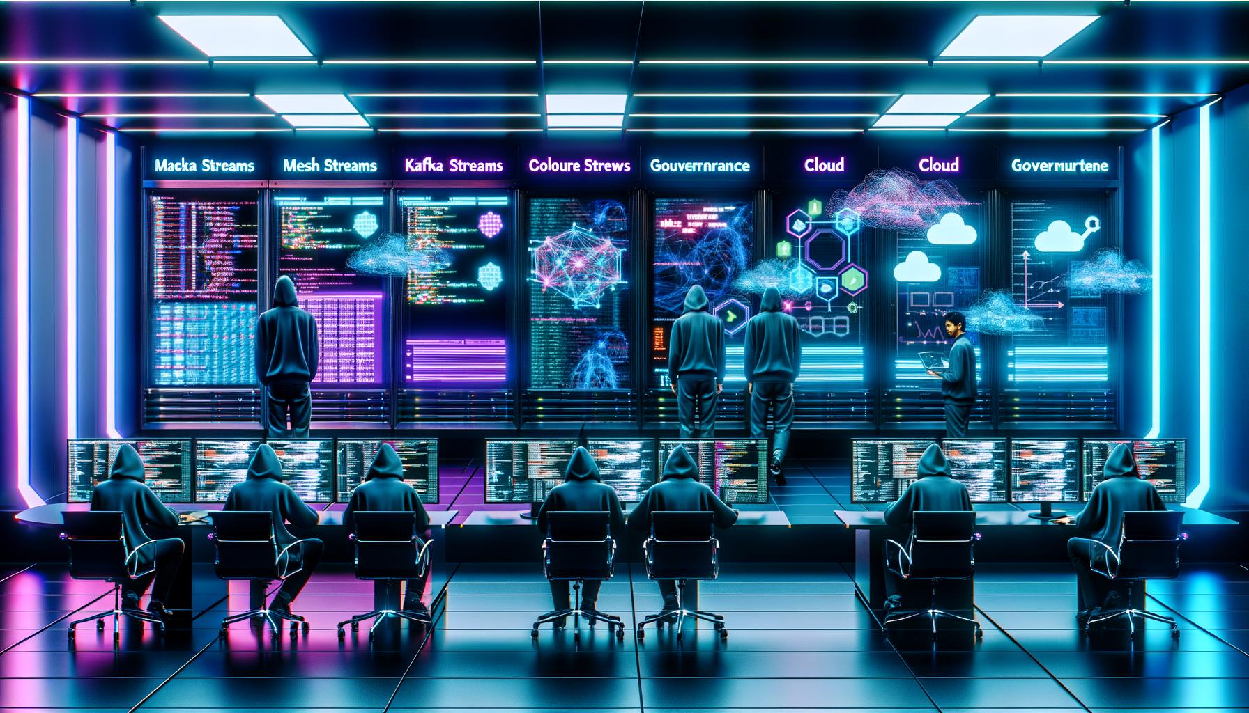 Futuristisches Data-Operations-Center mit neonfarbenen Datenströmen, Kontrollwand, Data Engineers vor Glasbildschirmen und digital schwebenden Symbolen im Jahr 2025.