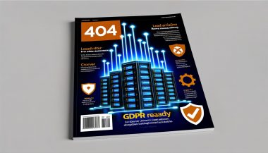 Stilisierte Server-Architektur mit verbundenen Datenströmen, DSGVO-Ready-Schild, Google-Analytics- und Adblocker-Symbol vor dunkelblau-weißem Hintergrund