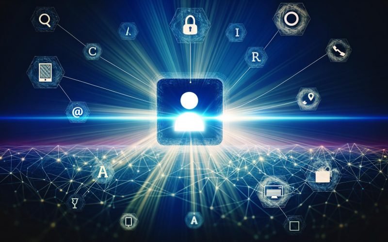 Abstraktes Schaubild einer zentralen User ID mit digitalen Verbindungen zu verschiedenen Plattformen auf technisch-modernem Hintergrund.