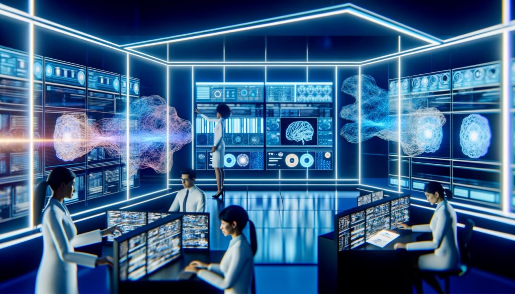 Futuristischer Kontrollraum mit holografischen Daten und Fachleuten, die an digitalen Oberflächen zusammenarbeiten, während ein Roboterarm Serverracks bedient.