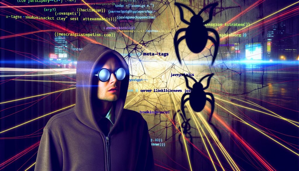 Illustration eines Detektivs mit Hoodie und digitalen Brillen vor einem großen, chaotischen Netz aus Code, welches mit Symbolen für SEO-Probleme wie Serverfehler, kaputte Links und Meta-Tags gespickt ist; im Hintergrund eine rissige, unscharfe Google-Suchseite.