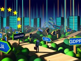 Illustration eines chaotischen Dschungels aus digitalen Schildern (wie DSGVO, DSA, DMA, KI), Bürokraten mit Laptops und Koffern, Paragraphenzeichen, Gesetzestafeln und Datenkabeln mit futuristischen Serverfarmen und EU-Sternen im Hintergrund.