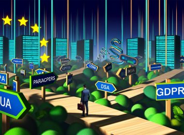 Illustration eines chaotischen Dschungels aus digitalen Schildern (wie DSGVO, DSA, DMA, KI), Bürokraten mit Laptops und Koffern, Paragraphenzeichen, Gesetzestafeln und Datenkabeln mit futuristischen Serverfarmen und EU-Sternen im Hintergrund.