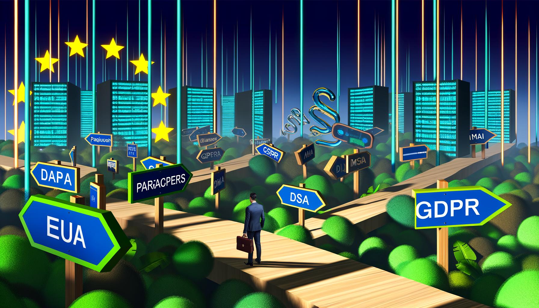 Illustration eines chaotischen Dschungels aus digitalen Schildern (wie DSGVO, DSA, DMA, KI), Bürokraten mit Laptops und Koffern, Paragraphenzeichen, Gesetzestafeln und Datenkabeln mit futuristischen Serverfarmen und EU-Sternen im Hintergrund.