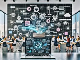 Dynamische Büroszene mit Team, das an einer digitalen Wand verschiedene Produktdaten-Workflows für Kanäle wie E-Commerce, ERP und Marketing visualisiert; Laptop im Vordergrund zeigt Workflow-Übersicht.