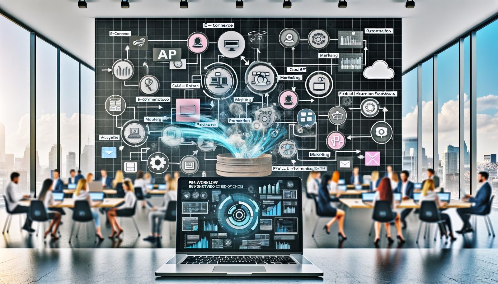 Dynamische Büroszene mit Team, das an einer digitalen Wand verschiedene Produktdaten-Workflows für Kanäle wie E-Commerce, ERP und Marketing visualisiert; Laptop im Vordergrund zeigt Workflow-Übersicht.