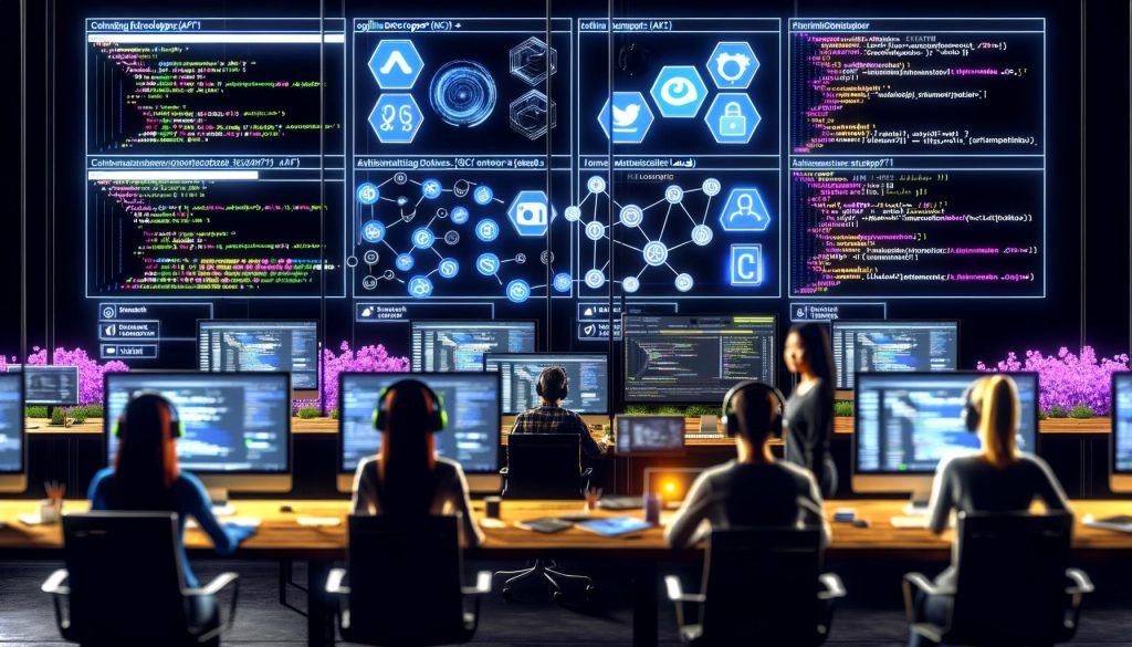 Entwickler-Marketingteam arbeitet an modernen Social Media APIs mit Monitoren, Diagrammen, JSON-Daten und Whiteboards in einem High-Tech-Online-Marketing-Arbeitsplatz.