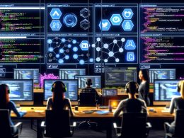 Entwickler-Marketingteam arbeitet an modernen Social Media APIs mit Monitoren, Diagrammen, JSON-Daten und Whiteboards in einem High-Tech-Online-Marketing-Arbeitsplatz.