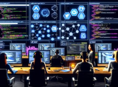 Entwickler-Marketingteam arbeitet an modernen Social Media APIs mit Monitoren, Diagrammen, JSON-Daten und Whiteboards in einem High-Tech-Online-Marketing-Arbeitsplatz.