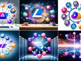 Titelbild mit buntem Schreibtisch, schwebenden Automatisierungs-Tool-Icons und aufbrechendem Zapier-Logo, daneben Infografik der Top-Zapier-Alternativen, Visualisierung von Self-Hosting, User Journey für den Migrationsprozess, Symbol für Skalierbarkeit und inspirierende Zukunftsvision der Automatisierung.